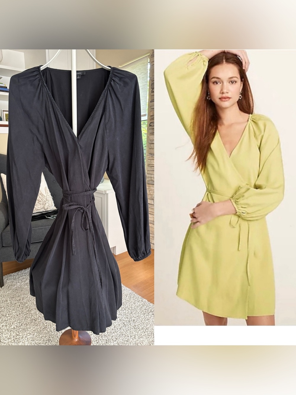 J. Crew Black Long-Sleeve Wrap Dress with Self-Tie Waist
